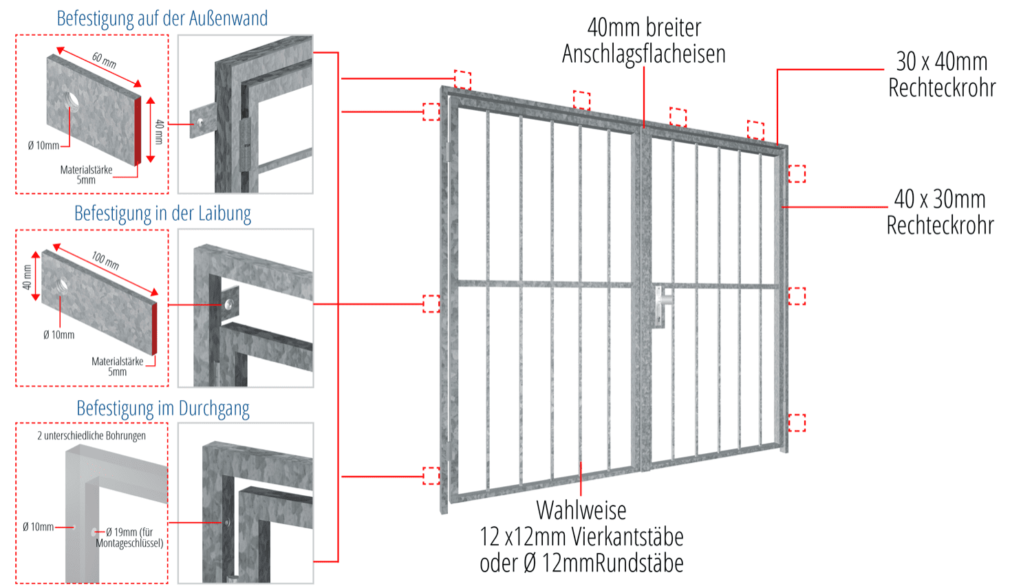 Porte grillagée en acier galvanisé à 2 battants barre verticale