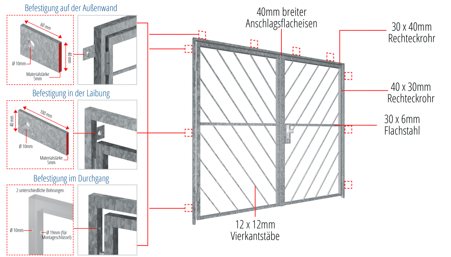 Porte grillagée en acier galvanisé 2 battants barre diagonale 2