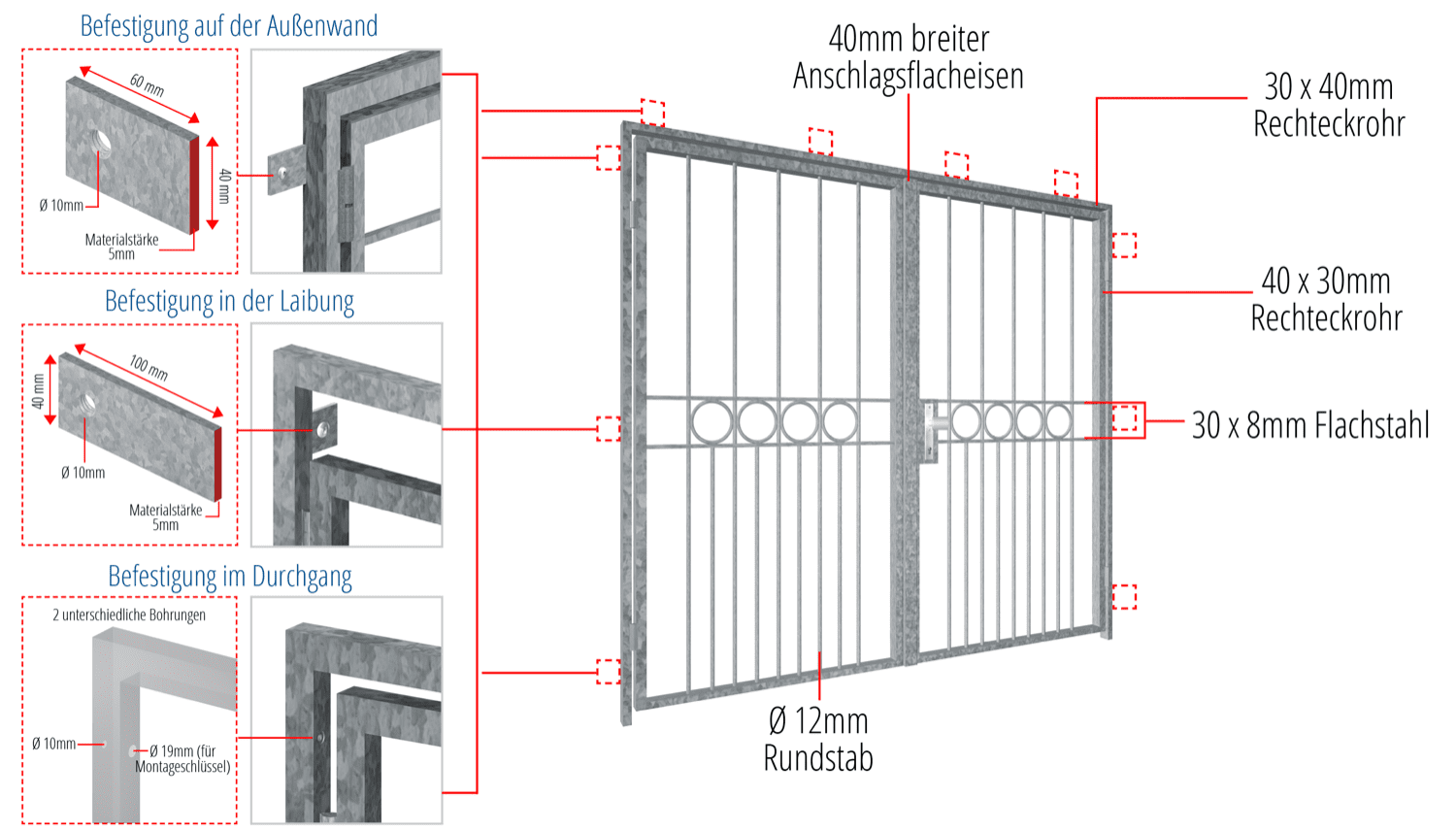 Porte grillagée en acier galvanisé à 2 battants rangée d'anneaux