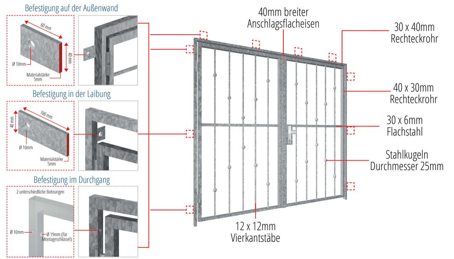 Porte grillagée galvanisé, boules en V à 2 battants