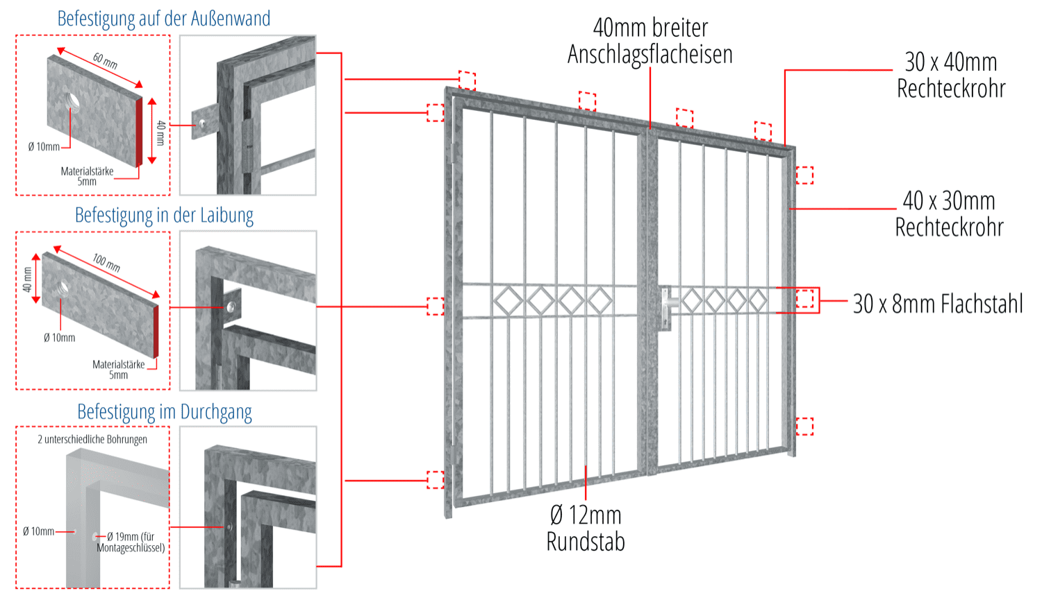 Porte grillagée en acier galvanisé à 2 battants série de carreaux