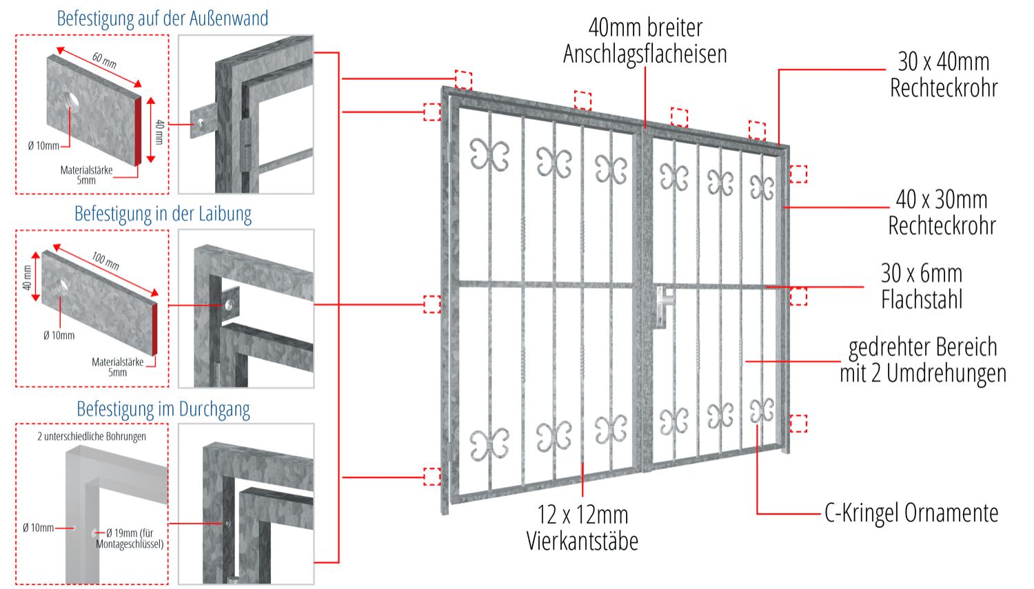 Porte grillagée en acier galvanisé à 2 battants baroque